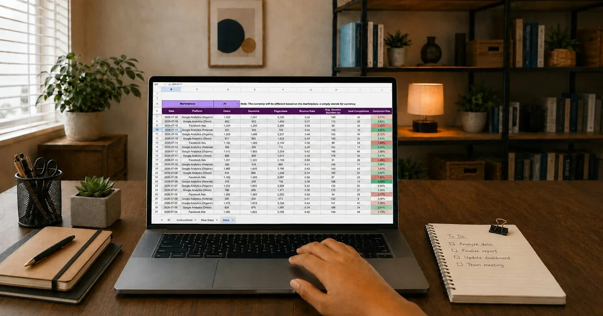 Mão operando um notebook com uma planilha de dados aberta na tela