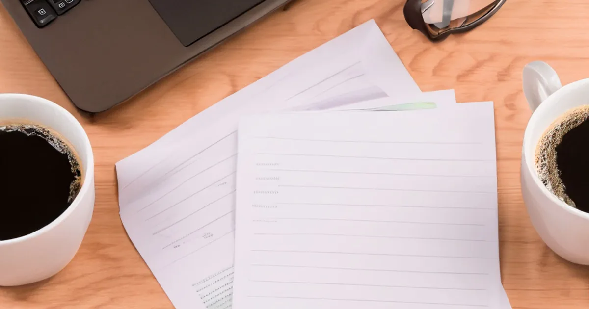 Documentos impressos dispostos ao lado de um notebook sobre a mesa